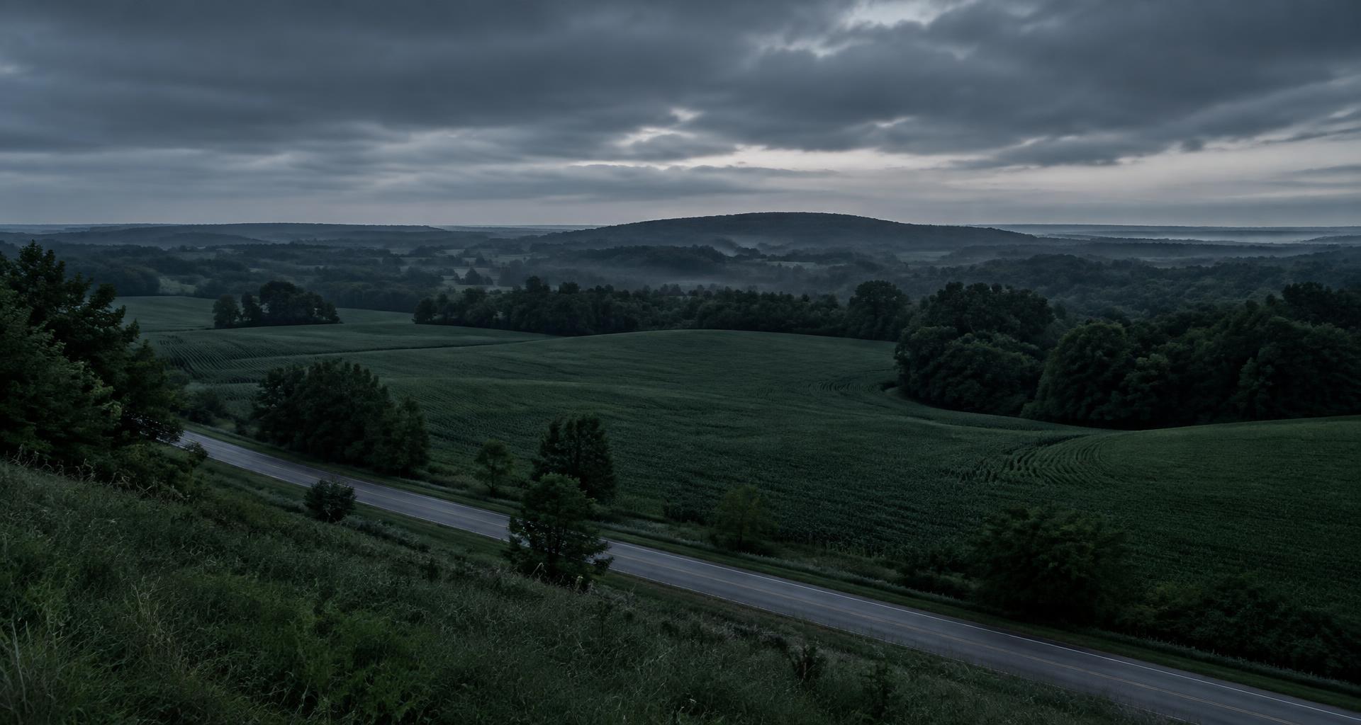 Rolling fields and wooded hills in an Ohio-inspired landscape